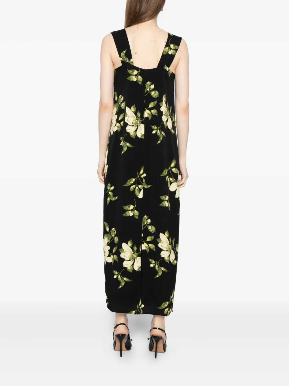 Reformation Vea Floral-print Crepe Midi Dress In Black