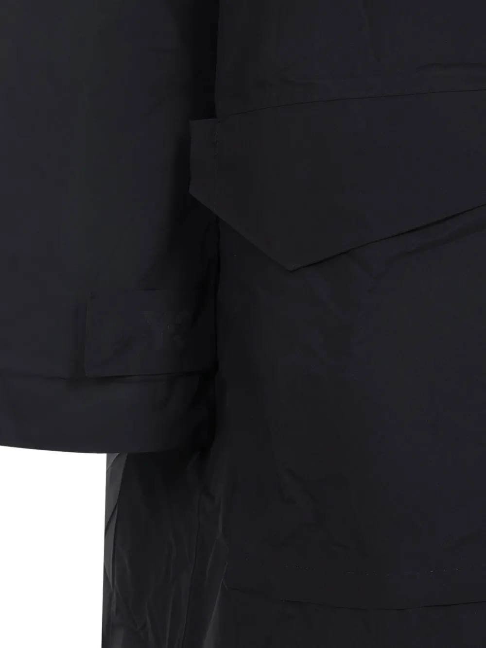 Y-3 Minimalist Black Long Coat With Flap Pockets And Hood In Black