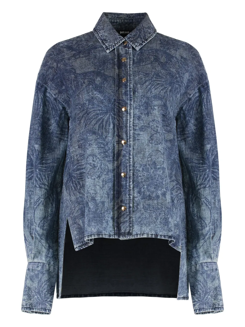 Just Cavalli Denim Shirt Featuring Asymmetrical Hem In Blue