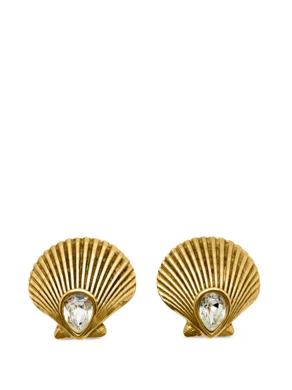 Saint Laurent Pre-owned 1980s Crystal Shell Earrings in Gold
