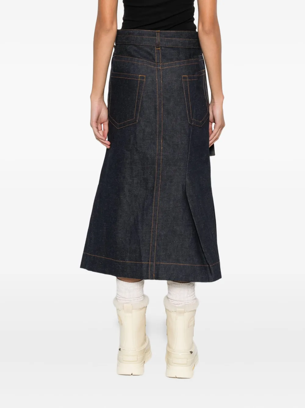 Sacai Belted Pleated Denim Skirt In Blue