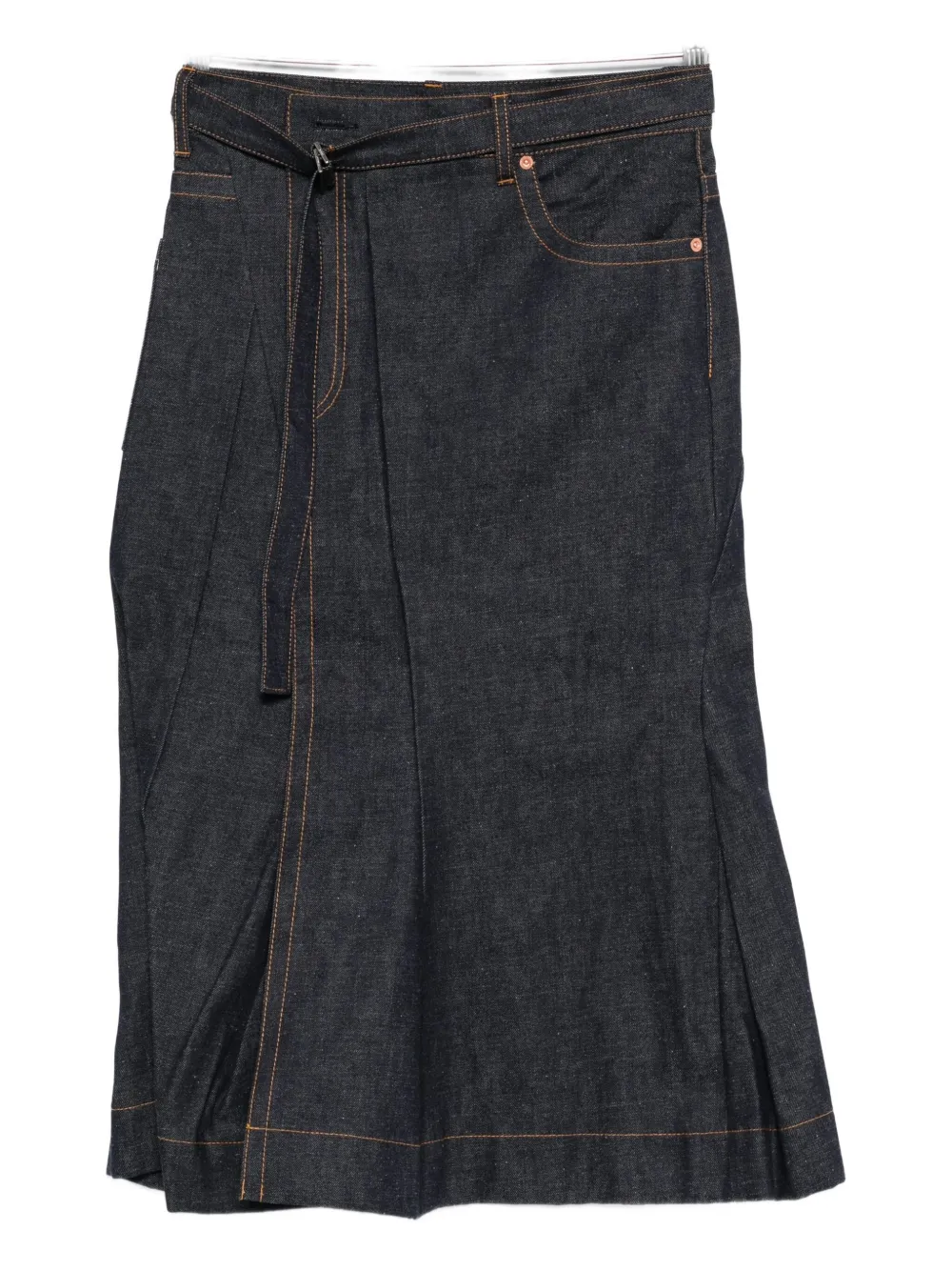 Sacai Belted Pleated Denim Skirt In Blue