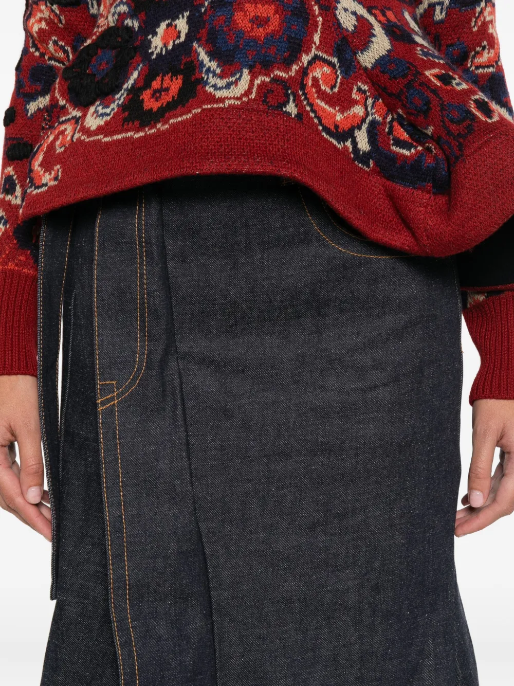 Sacai Belted Pleated Denim Skirt In Blue