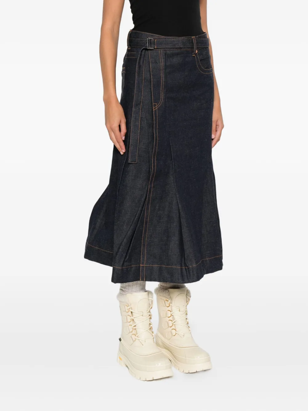Sacai Belted Pleated Denim Skirt In Blue