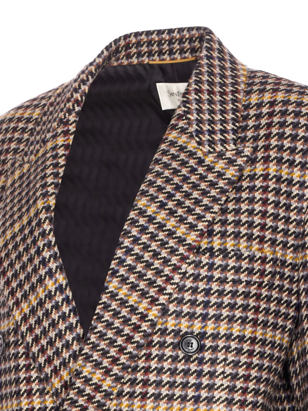 Saint Laurent Double-breasted Check Pattern Long Sleeve Jacket In Brown