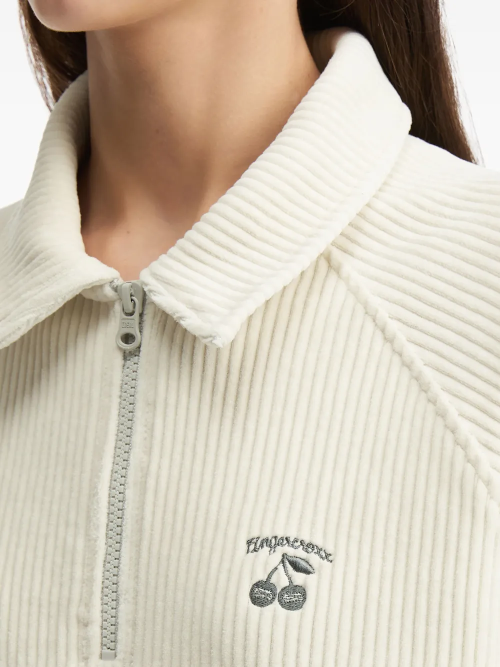 Fingercroxx Ribbed-knit Half-zip Top In White