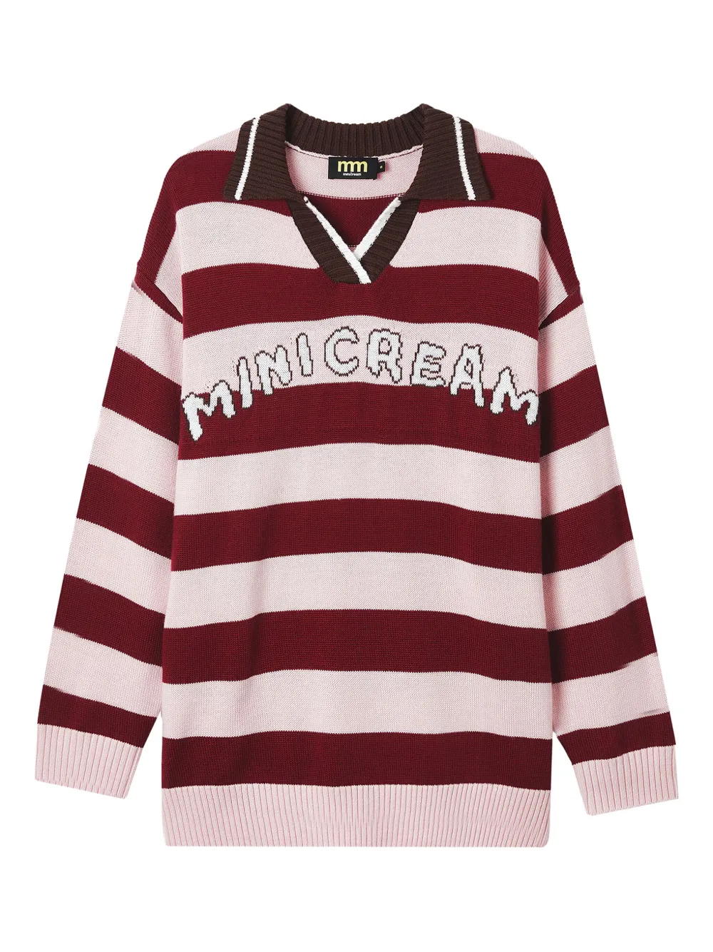 Mini Cream Striped Polo-neck Sweater In Pink