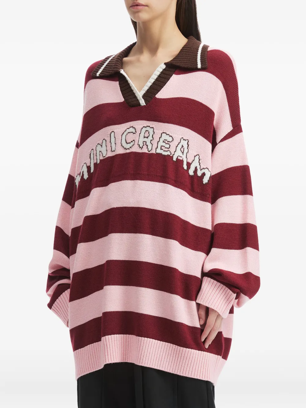  Mini Cream Striped Polo-neck Sweater - Pink 