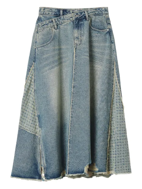 Musium Div. patchwork-effect frayed denim skirt