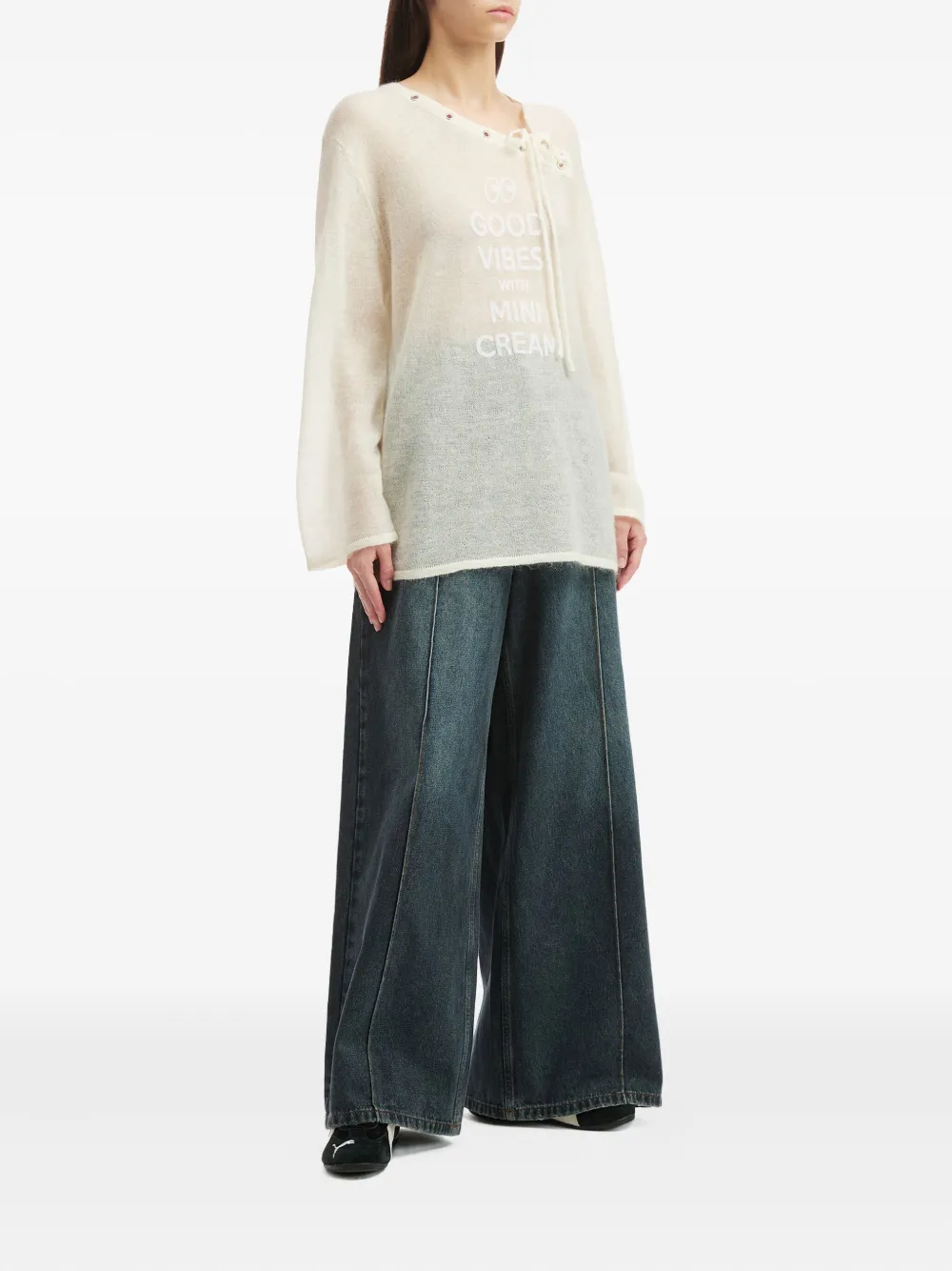 Mini Cream Asymmetrical-neck Long-sleeve Sweater In Neutral