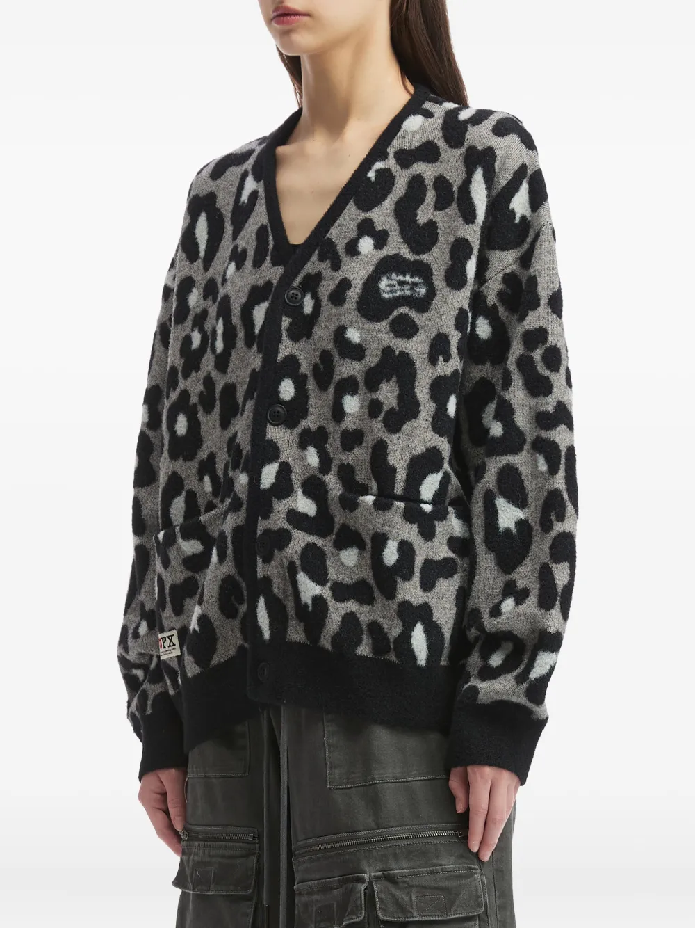 Fingercroxx Leopard-print Button Cardigan In Gray