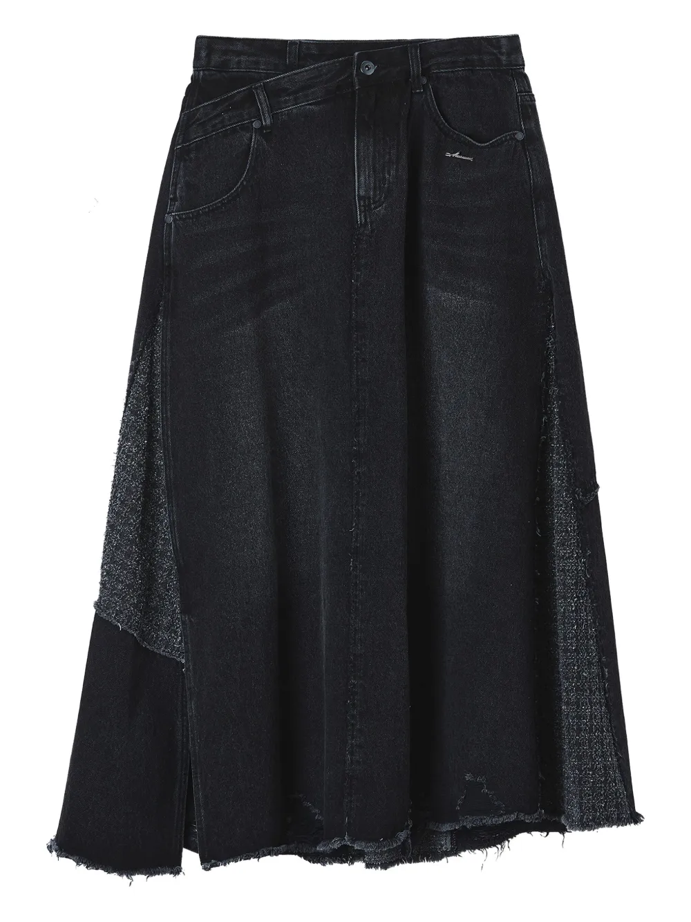 Musium Div. Patchwork Frayed-hem Denim Midi Skirt In Gold