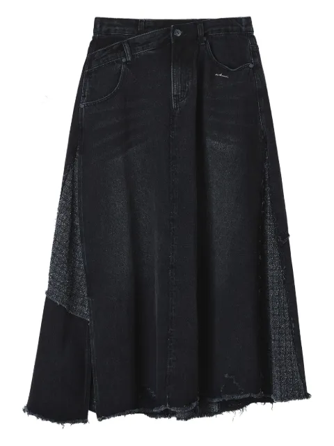 Musium Div. patchwork frayed-hem denim midi skirt