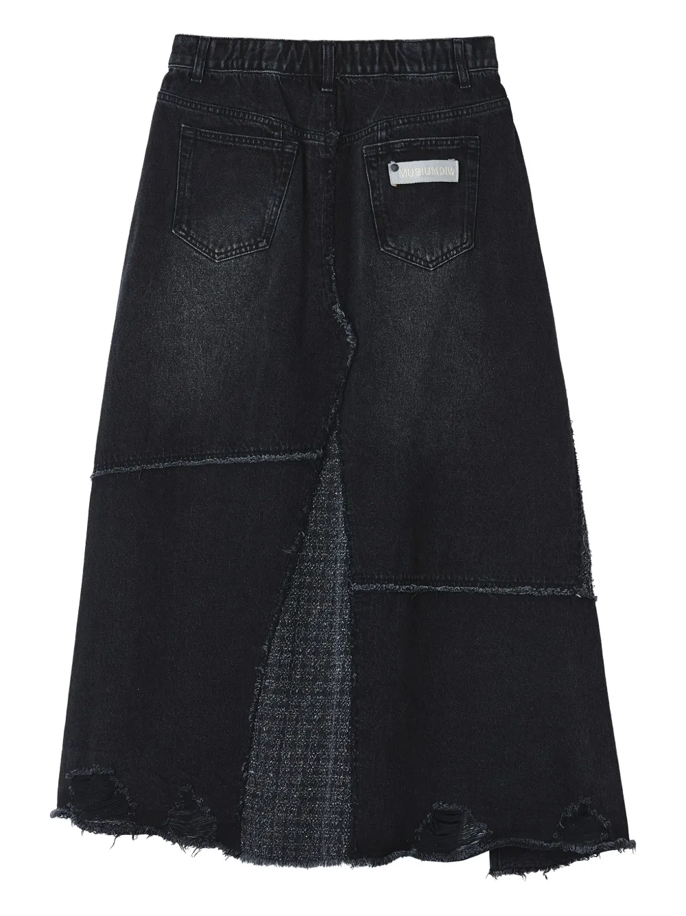 Musium Div. Denim midi-rok met franje en patchwork - Zwart