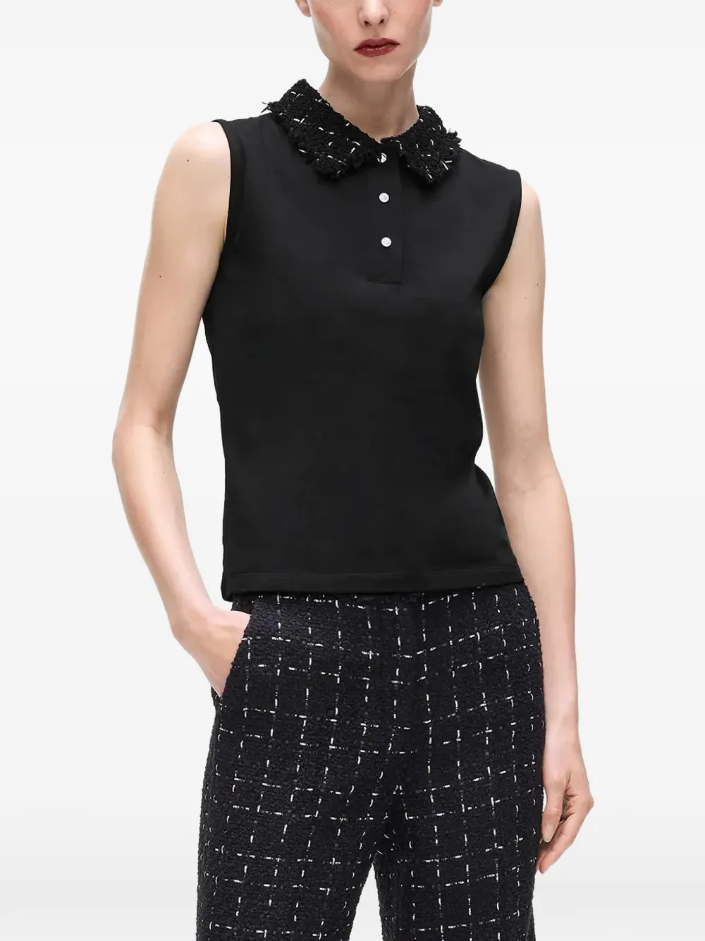 Karl Lagerfeld bouclé-detailed polo top | Black | Image 1