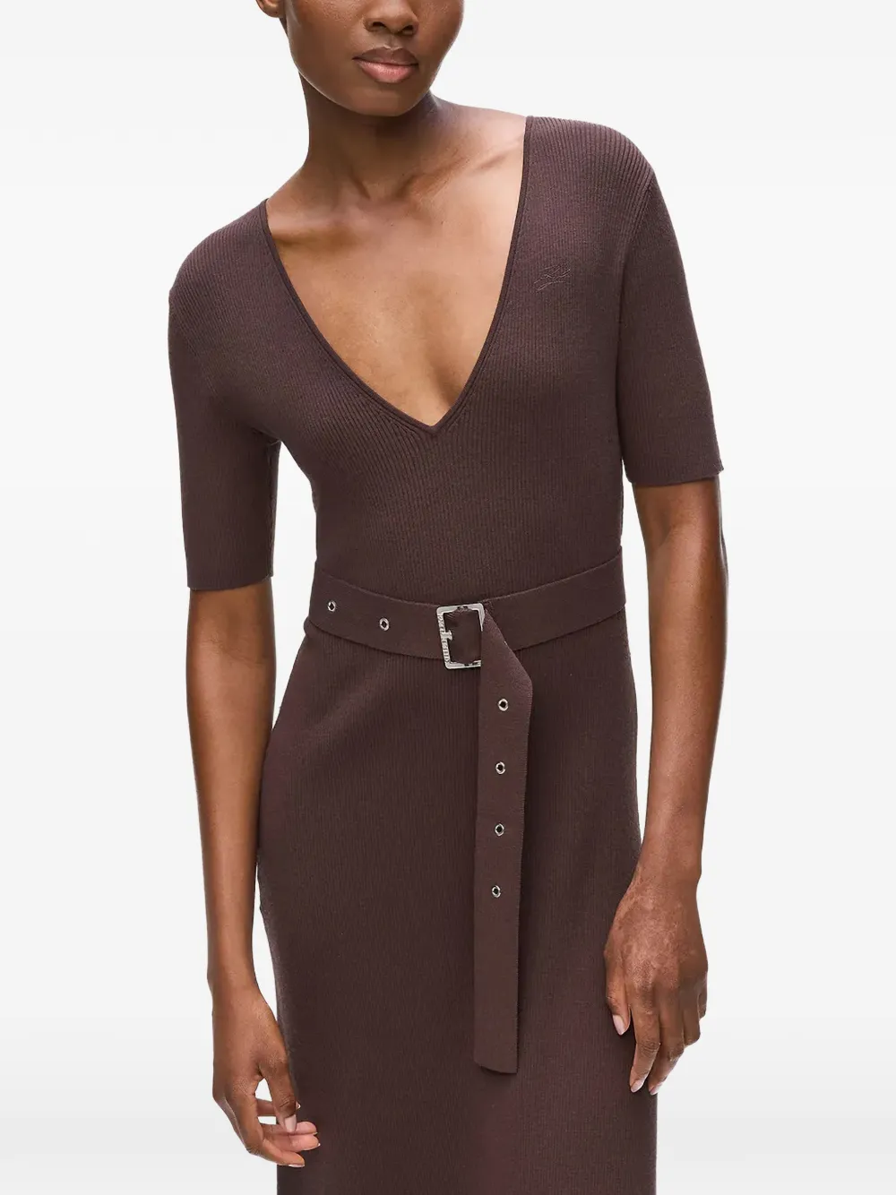 Karl Lagerfeld Midi-jurk met V-hals en ceintuur Bruin