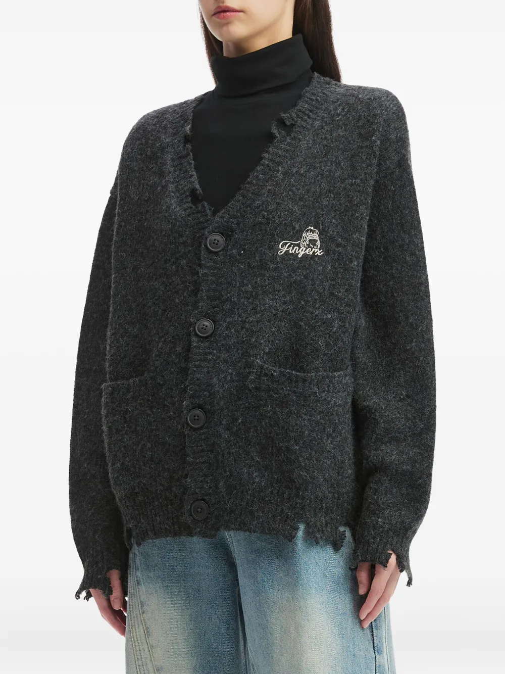  Fingercroxx Frayed-hem Logo Cardigan - Grey 