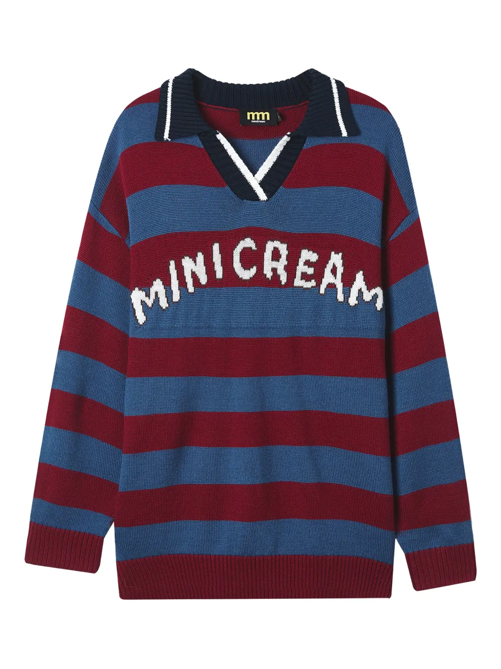 Mini Cream Striped Polo-neck Sweater In Blue