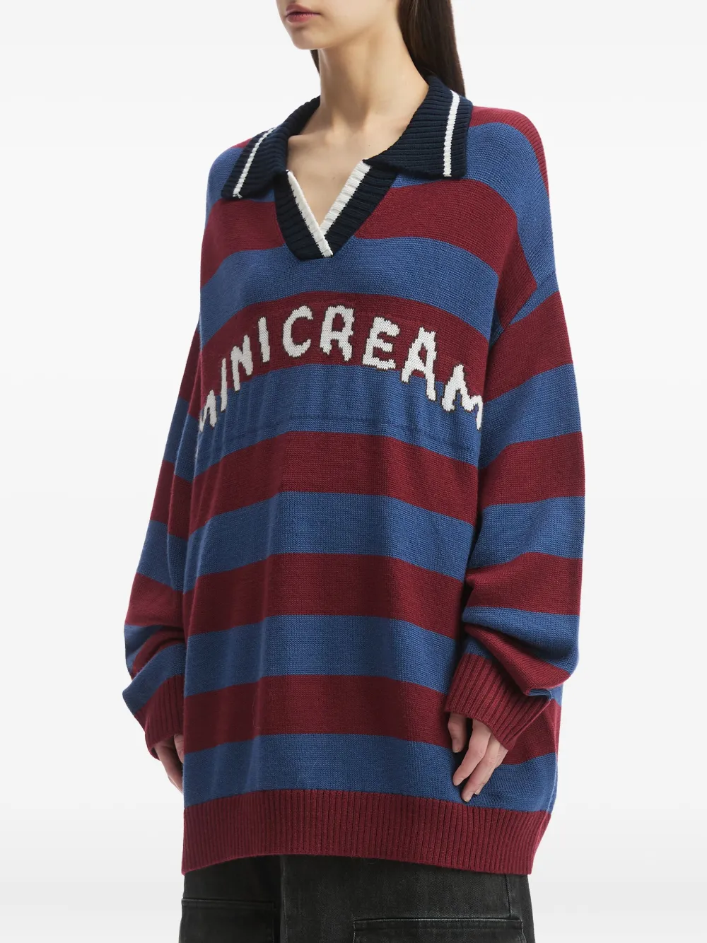  Mini Cream Striped Polo-neck Sweater - Blue 