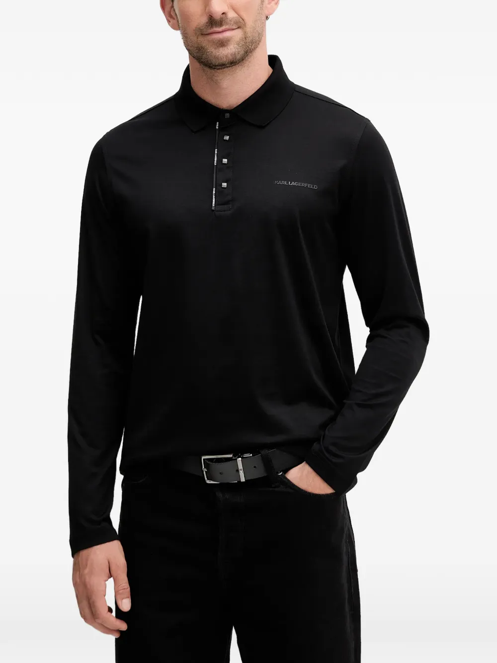 Karl Lagerfeld Buttoned Long-sleeve Polo Shirt In Black