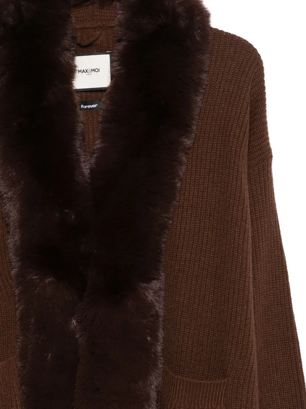 Max & Moi Faux-fur Collar Ribbed Cardigan In Brown