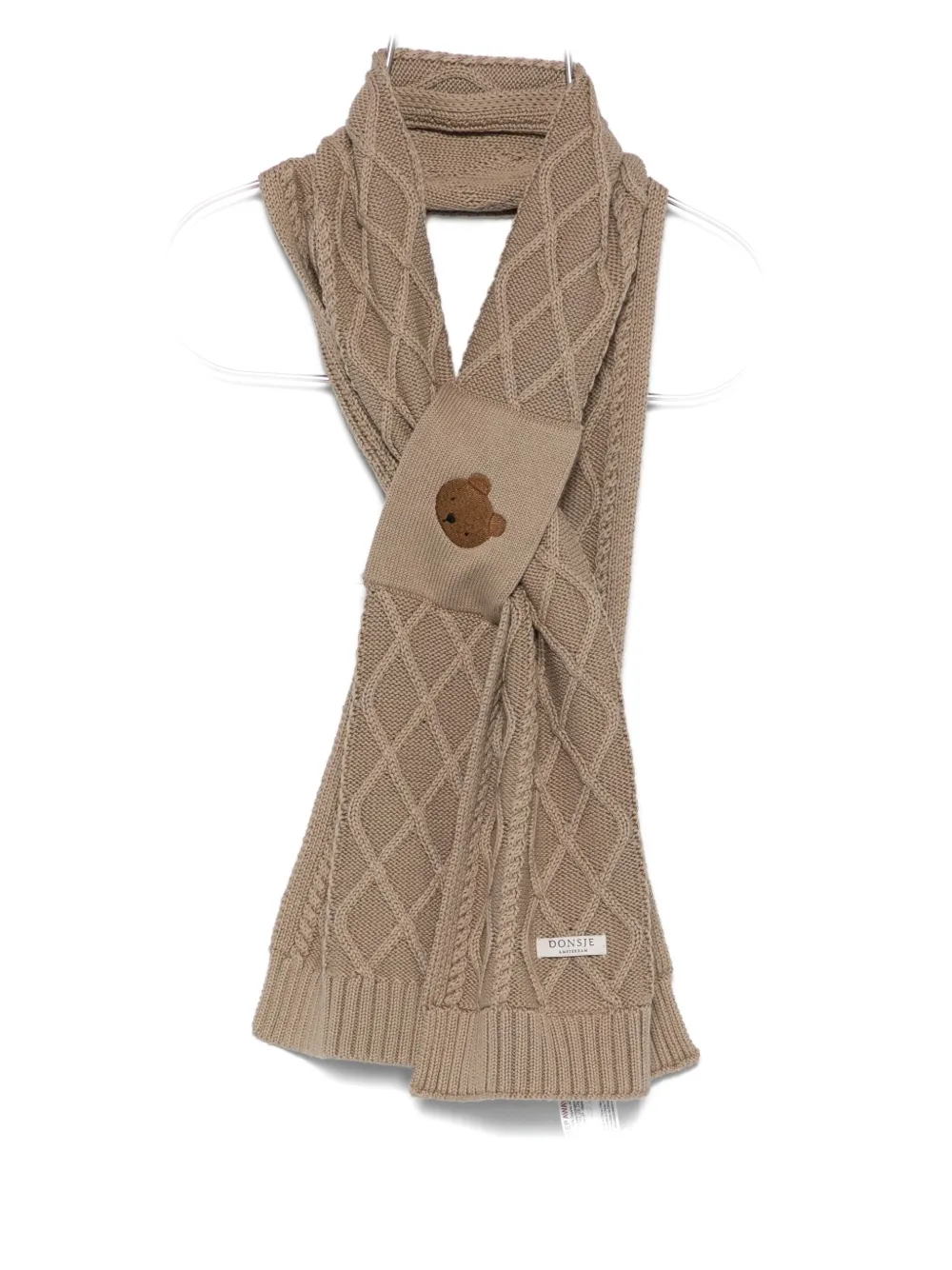 Donsje Aatos Cable-knit Bear-embroidered Scarf In Brown