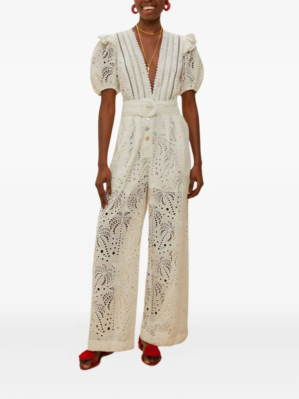 FARM Rio broderie-anglaise puff-sleeve jumpsuit - L0025 OFF WHITE