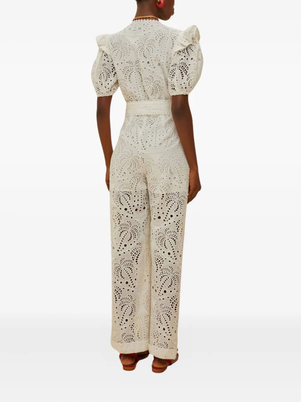 Farm Rio Broderie-anglaise Puff-sleeve Jumpsuit In White
