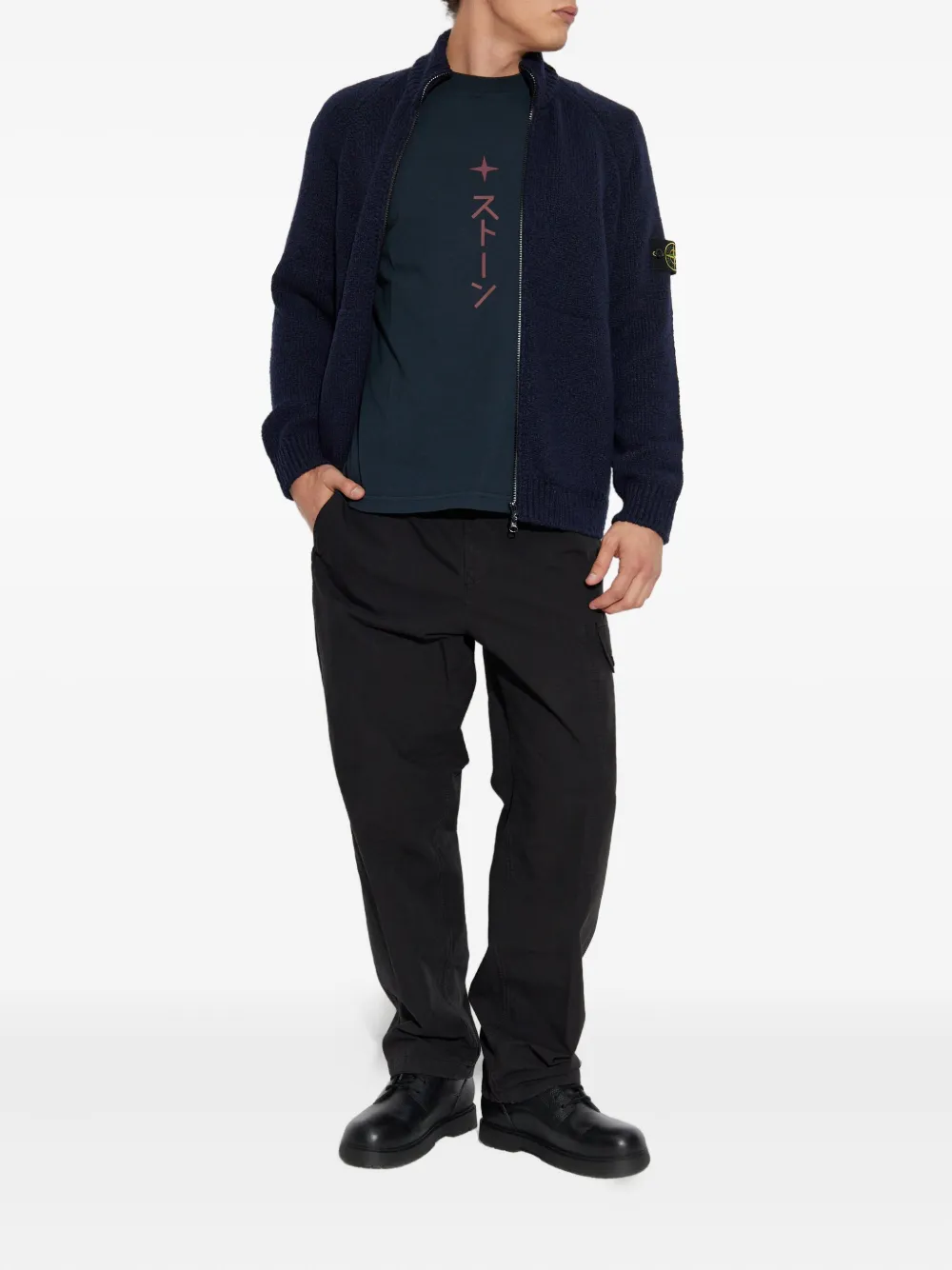 Stone Island Zip-front Patch-pocket Wool Sweater In Blue