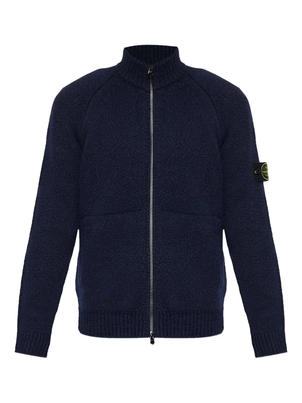 Stone Island Zip-front Patch-pocket Wool Sweater In Blue