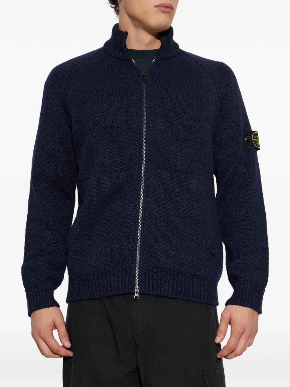 Stone Island Zip-front Patch-pocket Wool Sweater In Blue