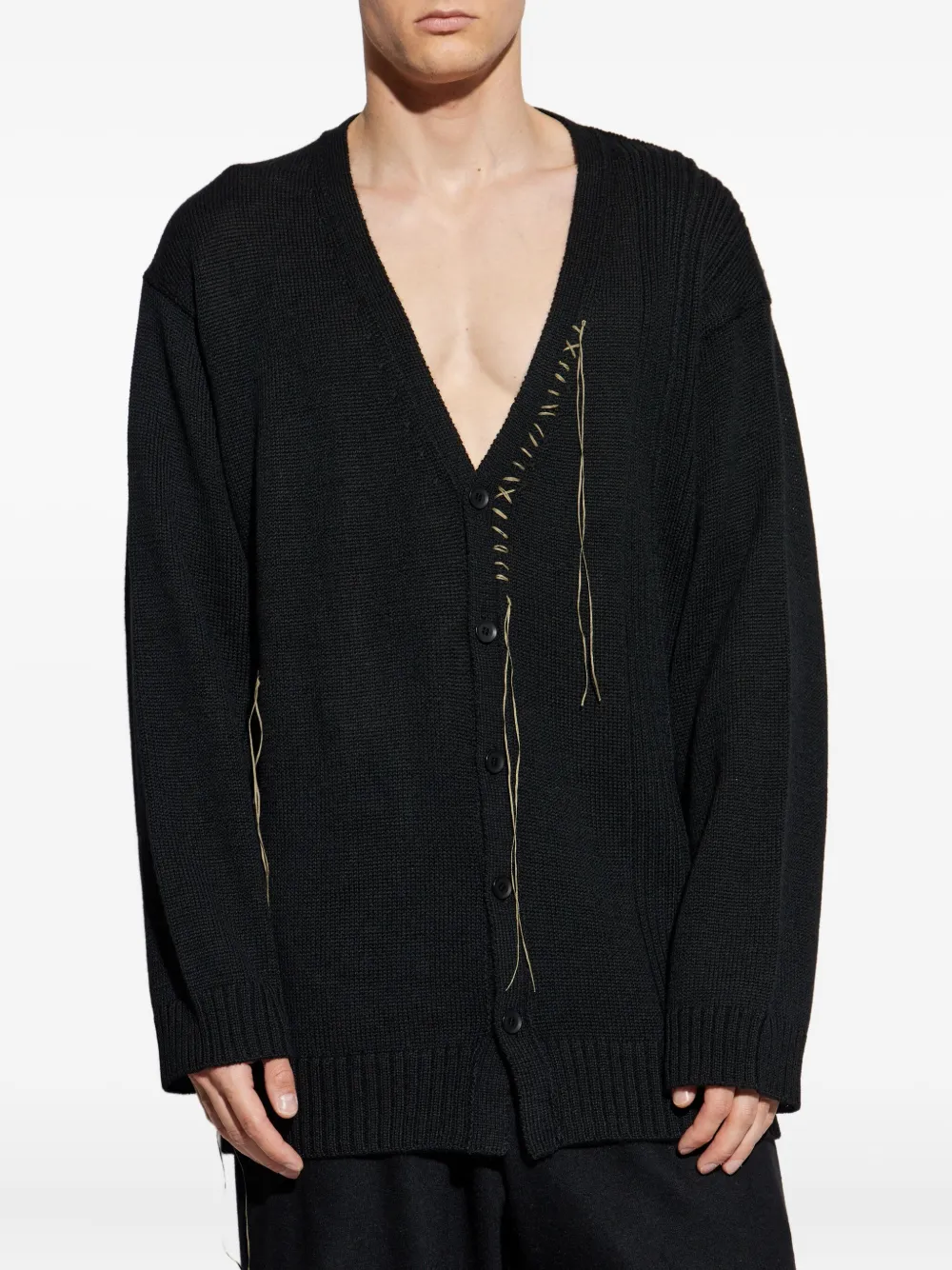 Yohji Yamamoto Gray Plain Stitch Embroidery V Neck Cardigan In Black