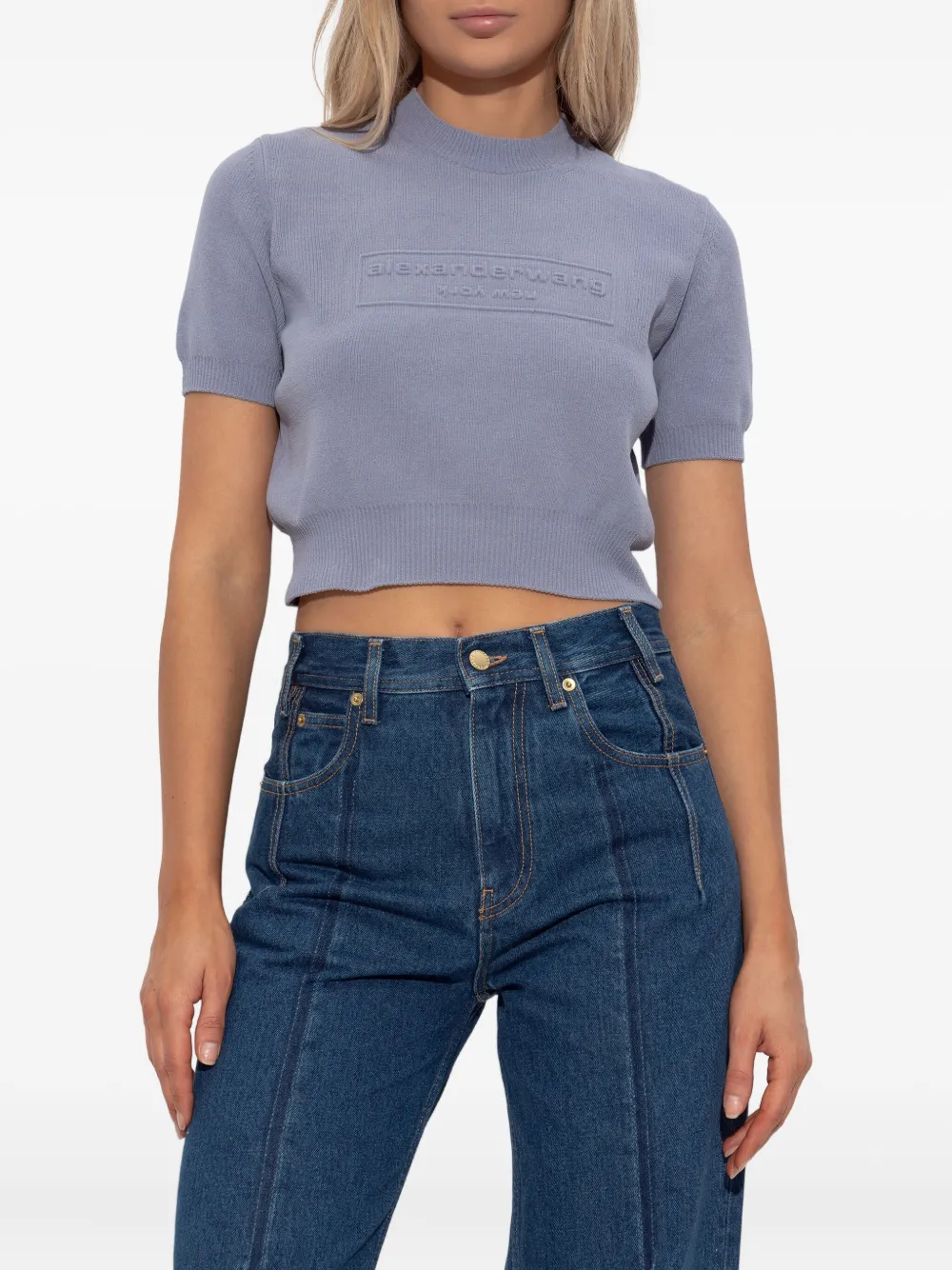 Alexander Wang Cropped Ribbed Chenille Sweater With Logo In Blue