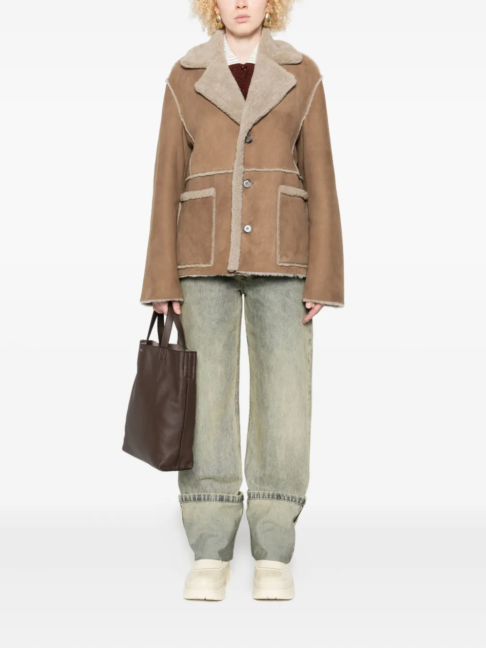 Kristensen Du Nord Shearling-trimmed Buttoned Jacket In Brown