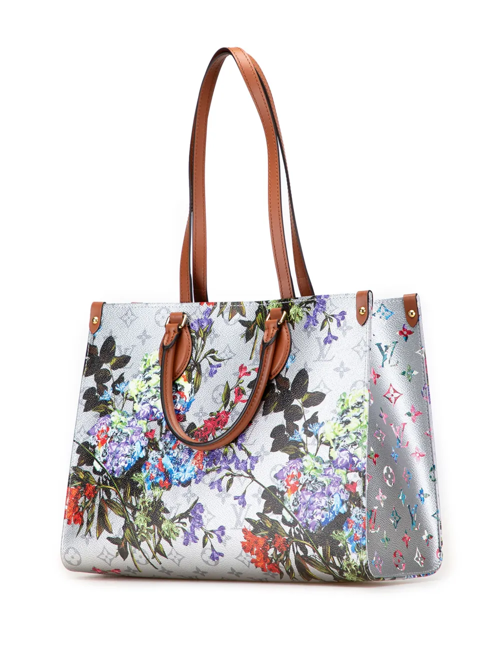 Pre-owned Louis Vuitton 2021-2025 Monogram Metallic Lv Garden Onthego Mm Satchel In Silver