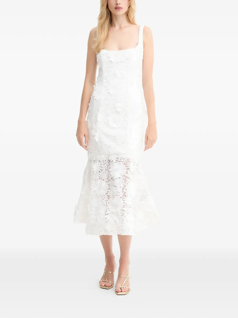 Bardot floral-laced midi dress - Bianco