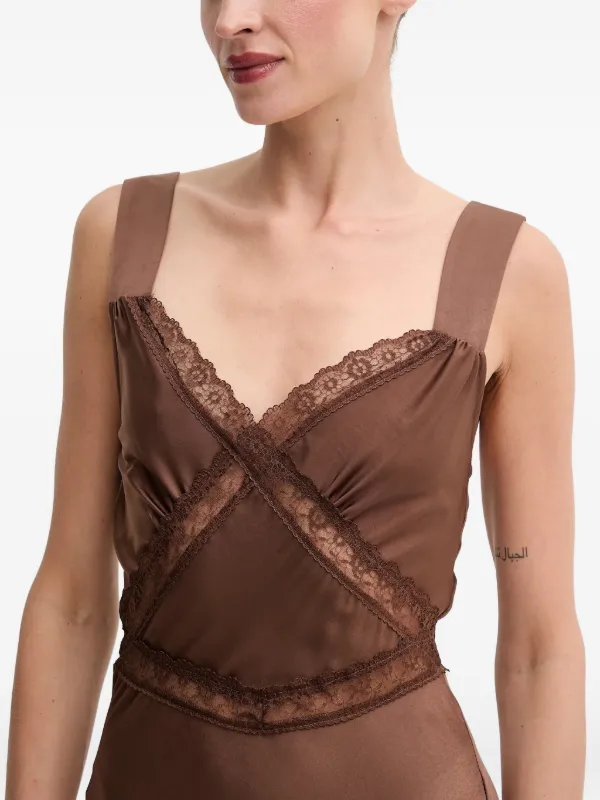Bardot lace-trim Midi Dress | Brown | FARFETCH
