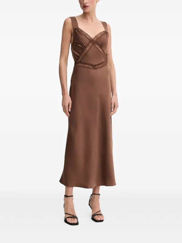 Bardot lace-trim Midi Dress | Brown | FARFETCH