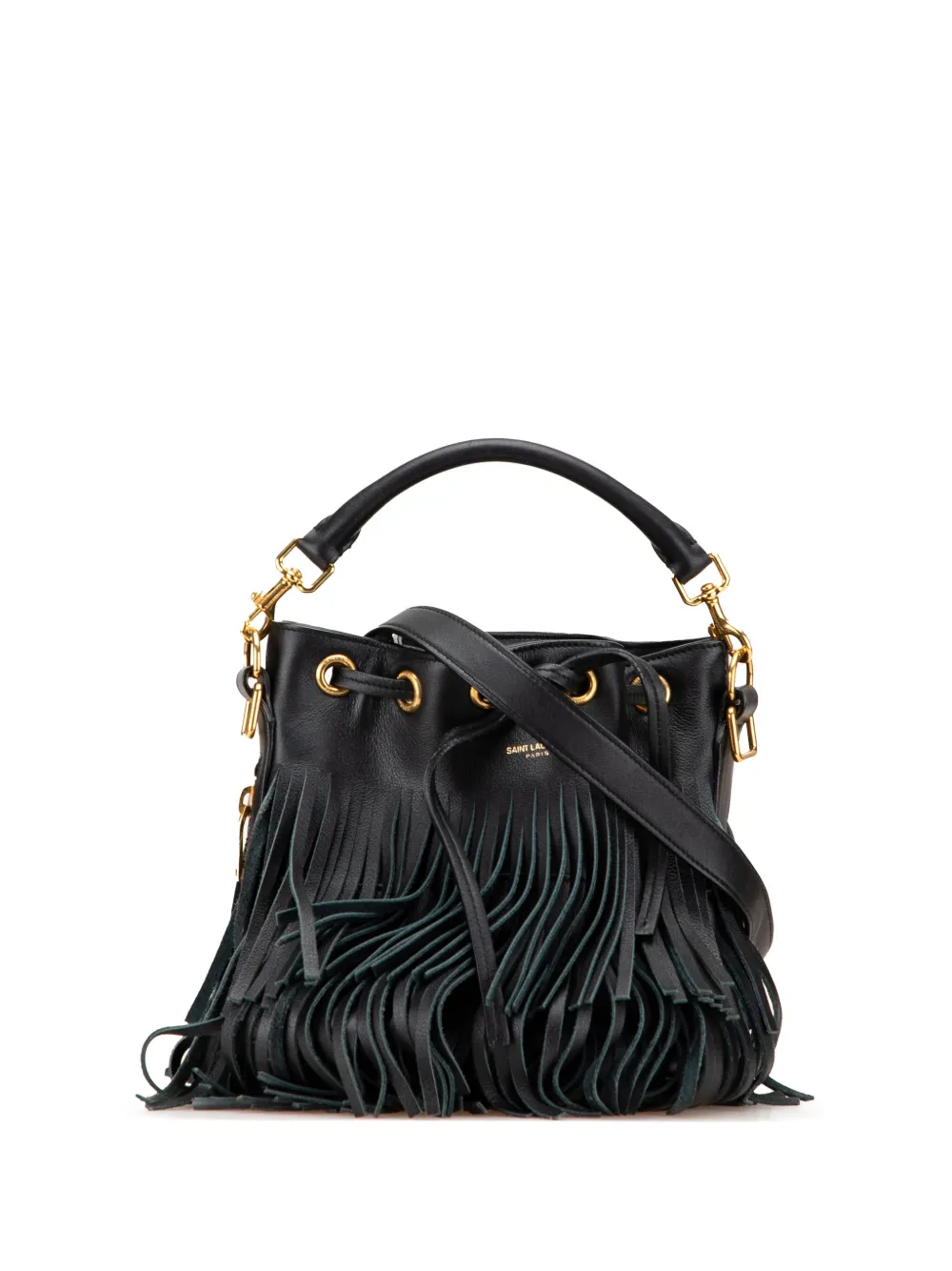 Saint Laurent Pre-Owned 2015 Small Calfskin Emmanuelle Fringe Bucket Bag satchel | Black | Image 1