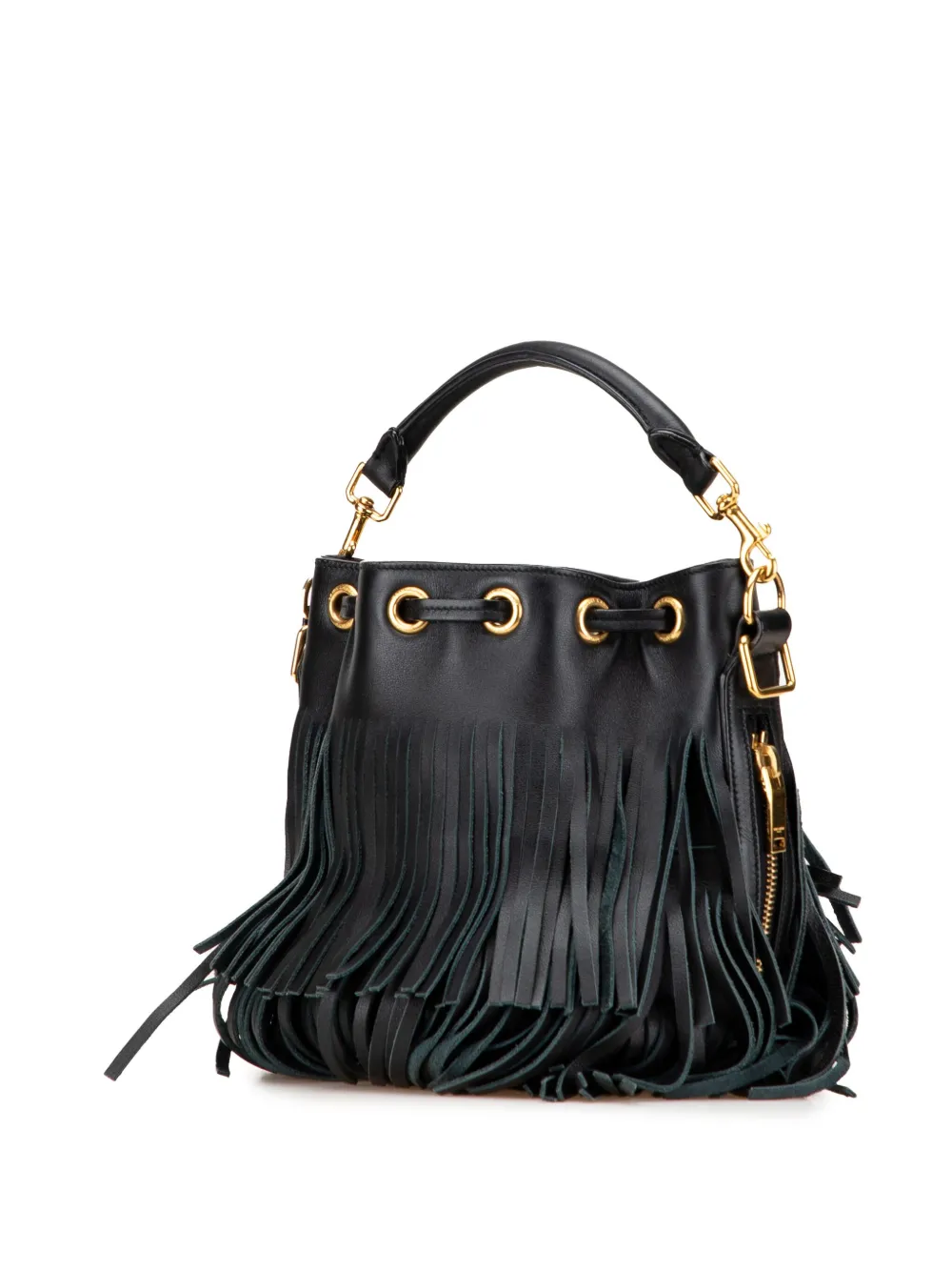 Pre-owned Saint Laurent 2015 Small Calfskin Emmanuelle Fringe Bucket Bag Satchel In Black