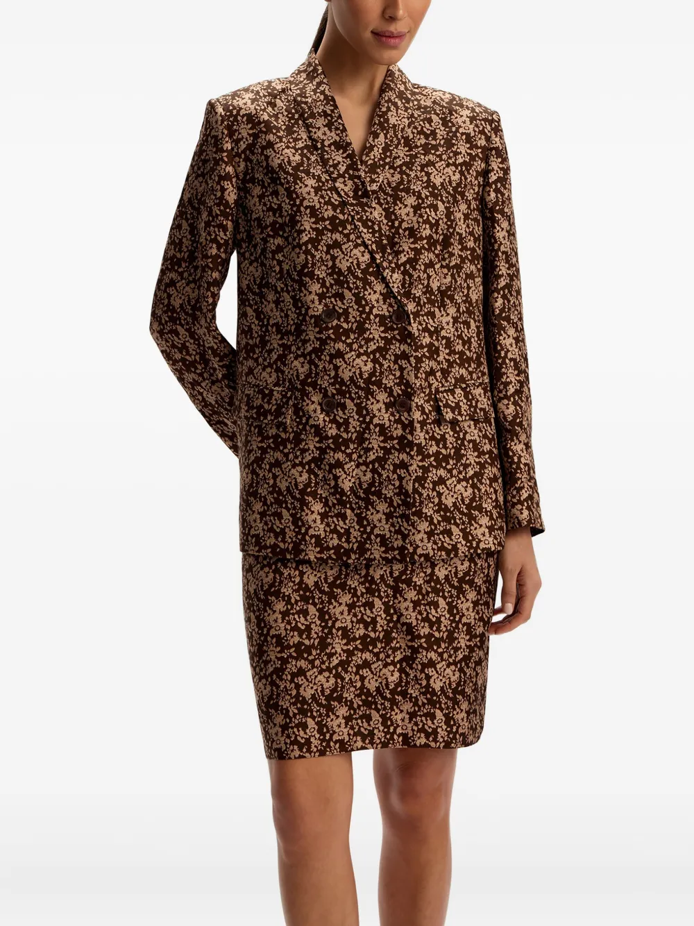 12 STOREEZ Zijden midi-rok met bloemenprint Bruin