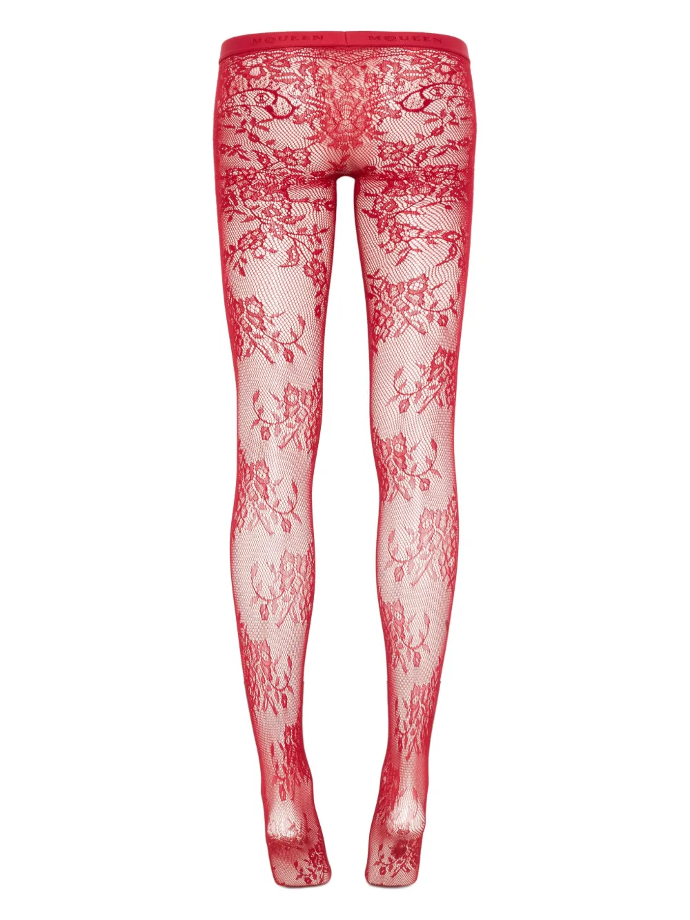 Alexander Mcqueen Floral Lace Sheer Tights With Elastic Waistband In Red