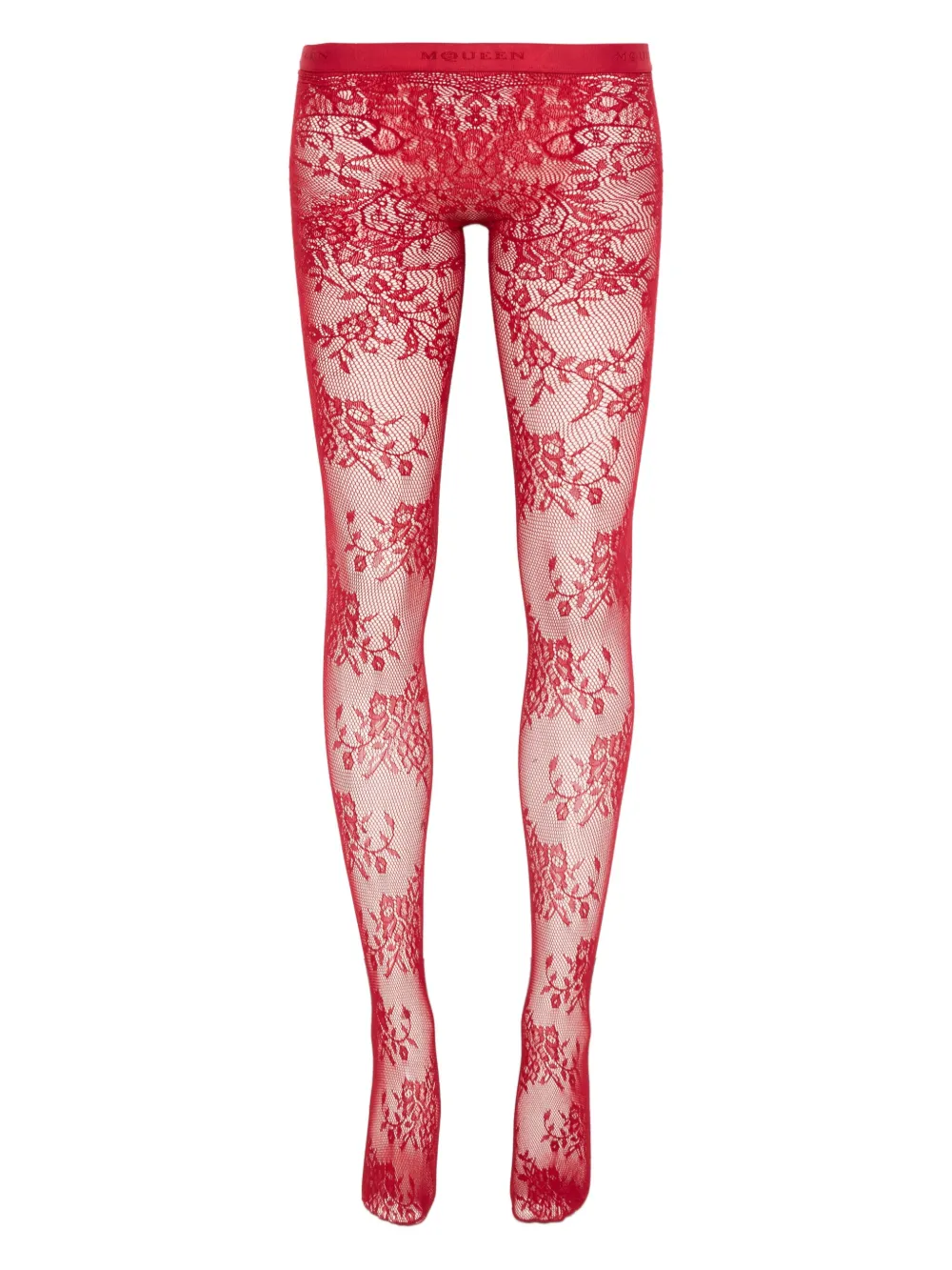Alexander Mcqueen Floral Lace Sheer Tights With Elastic Waistband In Red