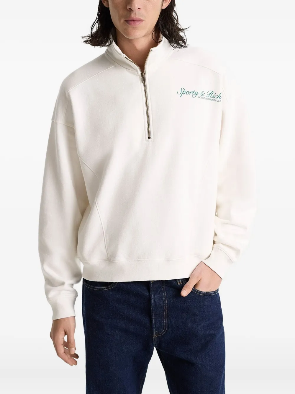 Sporty And Rich Half-zip Embroidered Seatshirt In White