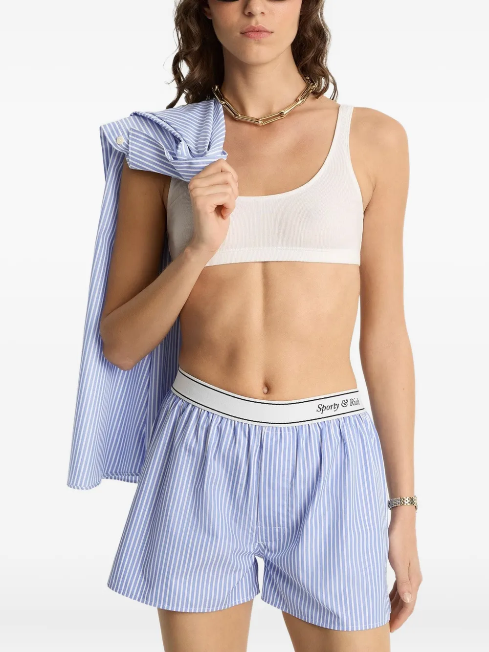 Sporty And Rich Italic-logo Striped-pattern Boxer Shorts In Blue