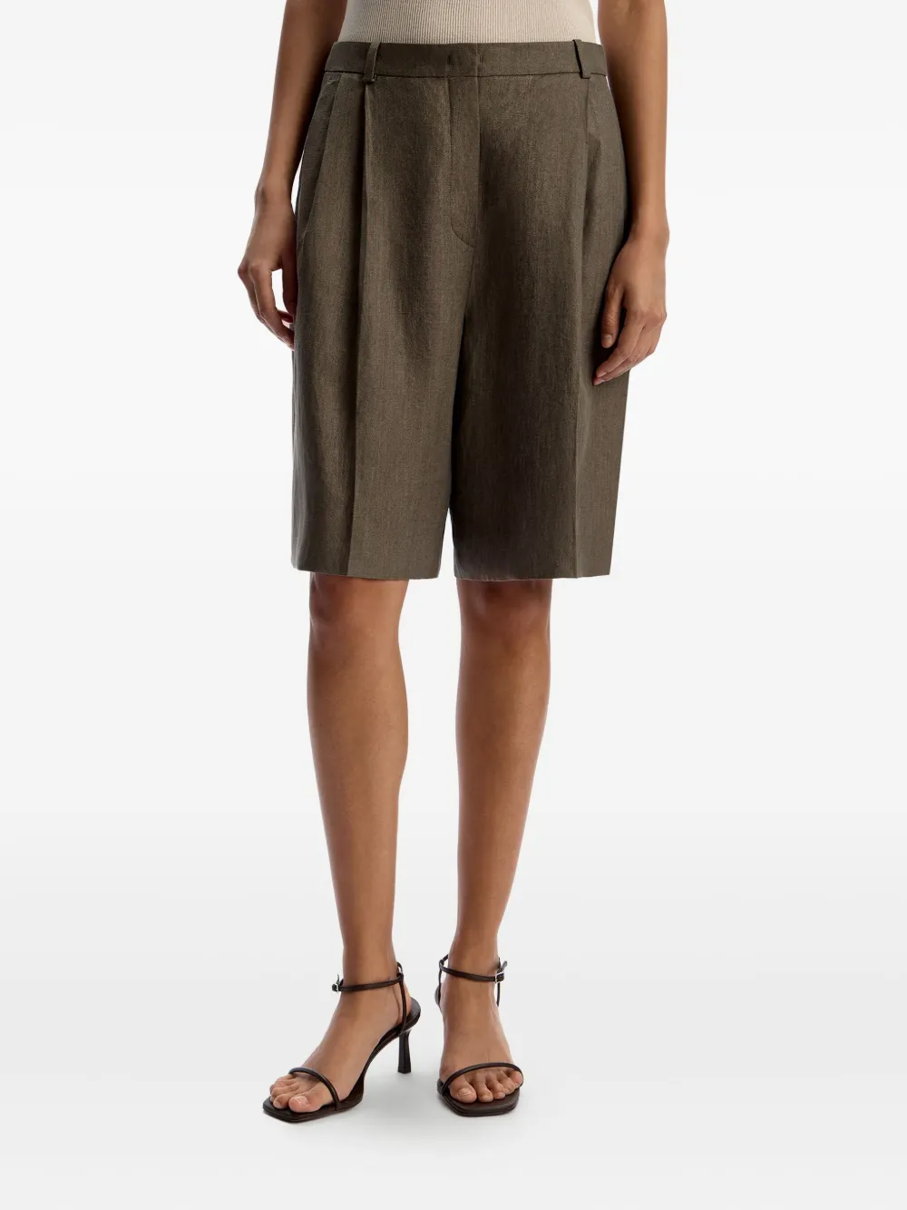 12 Storeez Pleated Linen Shorts In Brown