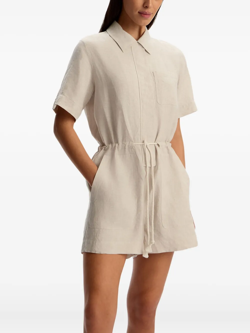 12 Storeez Drawstring Linen Playsuit In Neutral