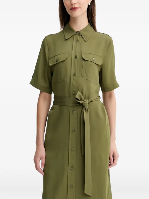 green belted shirt dress Hunter Green Cotton Belted Mini Dress - Shirt Dresses