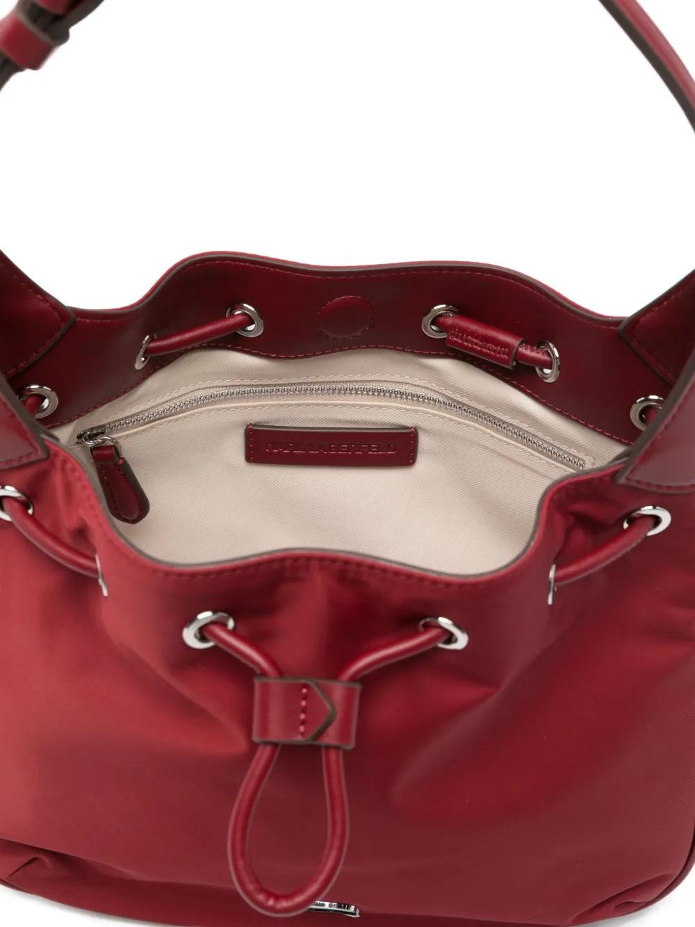 Karl Lagerfeld Drawstring Logo-patch Shoulder Bag In Red