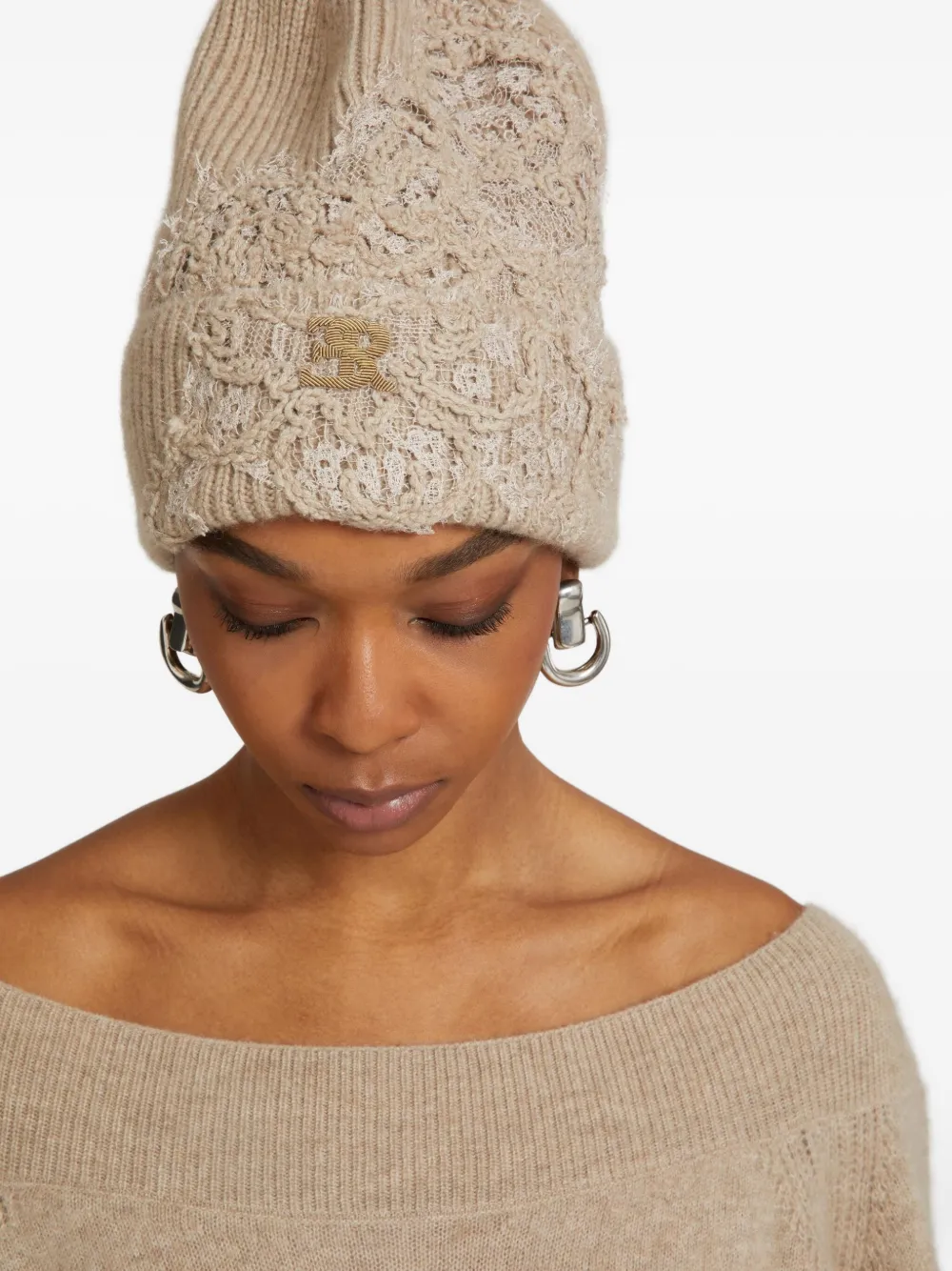 Ermanno Scervino Embroidered-logo Cashmere Beanie In Brown